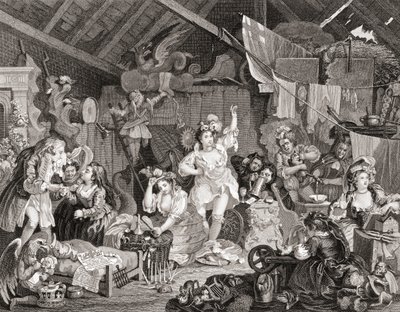 Sétáló játékosok próbálnak egy pajtában, G Presbury metszete, a The Works of Hogarth 1833-ban megjelent Londonból (f/w metszet) alkotó: William (after) Hogarth