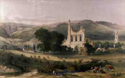 Byland Abbey délnyugatról, a Yorkshire kolostori romjaiból, vésette George Hawkins (1819-52) alkotó: William (after) Richardson