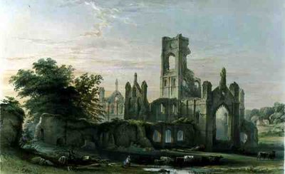Kirkstalli apátság délkeletről, a „Yorkshire kolostori romjai” című művéből, George Hawkins (1819-52) metszetében alkotó: William (after) Richardson
