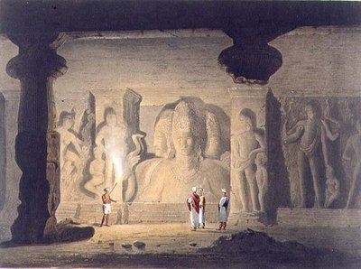 A Nagy Triád az Elephanta barlangtemplomban, Bombay közelében, 1803-ban, a „India táj, jelmezek és építészet” II. kötetéből, T. Edge metszete, pub. Smith, Elder and Company alkotó: William (after) Westall