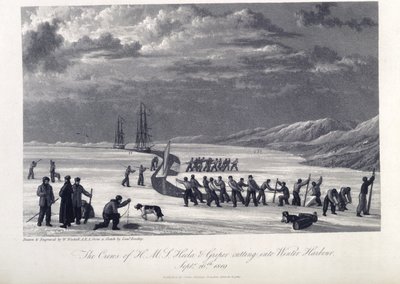 A H.M.S. legénysége Hecla és Griper bevágott a téli kikötőbe, 1819. szeptember 26., illusztráció a "Journal of a Voyage for the Discovery of the North-western Passage from the Atlantic the Pacific..." című könyvből. alkotó: William (after) Westall
