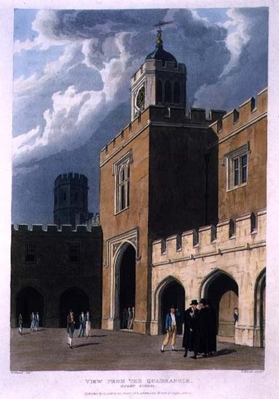 Kilátás a Quadrangle-ból, Rugby School, a "History of Rugby School"-ból, a "History of the Colleges" része, Daniel Havell (1785-1826) kocsma által metszett. R. Ackermann alkotó: William (after) Westall