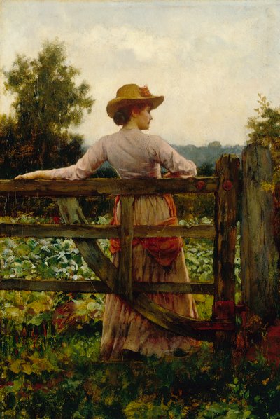 A próbálkozó hely, a kapura támaszkodó nő (olaj a panelen) alkotó: William A. Breakspeare