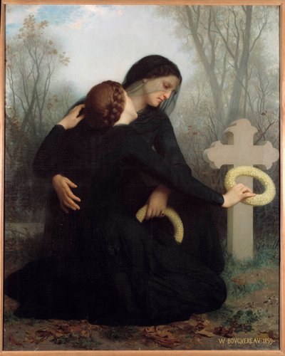 Halottak napja Anya és lánya az elhunyt apa és férj sírja előtt (?). William Adolphe Bouguereau (1825-1905) festménye V. 1,20 x 1,47 m. Bordeaux. Szépművészeti Múzeum alkotó: William-Adolphe Bouguereau