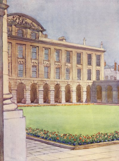 A királynő elülső udvara és aula, melyet Hawkswood, Sir Christopher Wren tanítványa tervezett (színes litográfia) alkotó: William Ainsworth Wildman