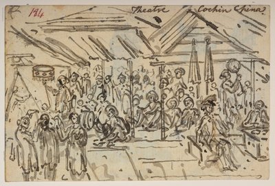184 „Színház. Cochin Kína,  , egy albumból, amely 372 tájat, tengerpartot, jelmezeket és mindennapi életet ábrázoló rajzot tartalmaz Lord Macartney kínai császári nagykövetsége idején, 1792 és 1794 között (ceruza és akvarell papíron) alkotó: William Alexander
