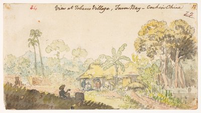 34 perc kilátás a Tobacco Village-ben, Turon-öbölben – Cochin Kína,  egy albumból, amely 372 tájat, tengerpartot, jelmezeket és mindennapi életet ábrázoló rajzot tartalmaz Lord Macartney kínai császári nagykövetsége idején, 1792 és 1794 között (ceruza és a alkotó: William Alexander