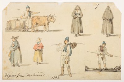 7’ Madiera figurái. 1792.”  egy albumból, amely 372 tájat, tengerpartot, jelmezeket és mindennapi életet ábrázoló rajzot tartalmaz Lord Macartney kínai császári nagykövetsége idején, 1792 és 1794 között (ceruza és akvarell papíron) alkotó: William Alexander