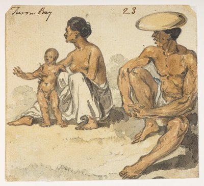 f.4 23 „Turon Bay” férfi, nő és gyermeke.  egy albumból, amely 372 tájat, tengerpartot, jelmezeket és mindennapi életet ábrázoló rajzot tartalmaz Lord Macartney kínai császári nagykövetsége idején, 1792 és 1794 között (ceruza és akvarell papíron) alkotó: William Alexander