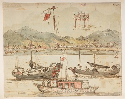 f.59 148 Csónakok és diadalívek.  , egy albumból, amely 372 tájat, tengerpartot, jelmezeket és mindennapi életet ábrázoló rajzot tartalmaz Lord Macartney kínai császári nagykövetsége idején, 1792 és 1794 között (ceruza és akvarell papíron) alkotó: William Alexander