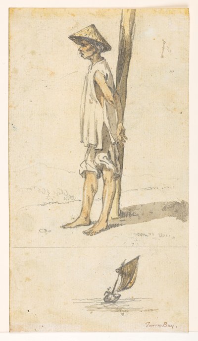 f.5 32v Fiatal férfi egy fának dőlve; egy csónak. – Turon Bay.  egy 372 rajzot tartalmazó albumból tájakról, tengerpartokról, jelmezekről és mindennapi életről, amelyeket Lord Macartney kínai császári nagykövetsége idején készítettek 1792 és 1794 között (c alkotó: William Alexander