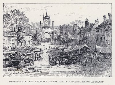 Piactér és a kastély bejárata, Bishop Auckland (metszet) alkotó: William Alexander Ansted
