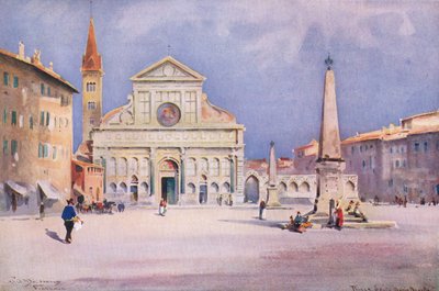 Piazza S. Maria Novella, Firenze, Hutchinson festői Európájából, a Hutchinson & Son kiadásában, 1930 körül (színes litó) alkotó: William Alister Macdonald