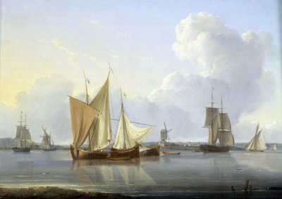 Érkezés Limehouse-ba, London (Anglia), különböző hajók a Temzén és egy malom a parton, jobbra a Greenwich kórház. Olaj, vászon, 1820 körül, William Anderson (1750-1778) alkotása. alkotó: William Anderson