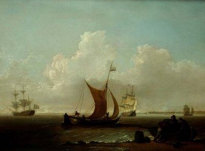 Holland hajózás Hollandia partjainál halászokkal, akik egy part menti csónakot raknak be alkotó: William Anderson