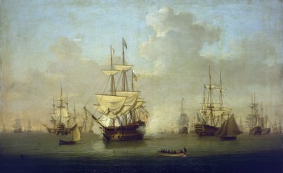 A "Queen Charlotte", egy új 104 ágyús hadihajó, Spitheadben (Anglia) 1790-ben, a francia függetlenségi háborúk (1793-1802) előestéjén. alkotó: William Anderson