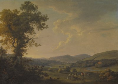Táj szénavarrókkal és távoli kilátással egy György-korabeli házra alkotó: William Ashford