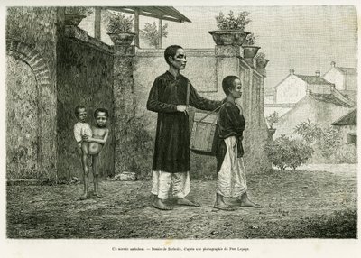 Egy két lábon járó varázsló, egy vak masszőr. Barbotin metszete, Paul Hocquard doktor Trente mois au Tonkin című elbeszélésének illusztrálására, 1884-ben, a le tour du monde 1890-ben, Edouard Charton (1807-1890) rendezésében, Hachette, Párizs. alkotó: William Barbotin