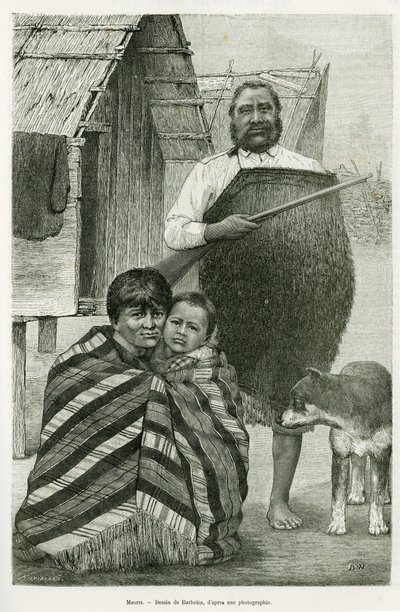 A maorik három generációja. Barbotin metszete a Voyage a la Nouvelle Zelande című történet illusztrálására, 1889-ben, G. Verschuur, in le tour du monde 1890, rendező: Edouard Charton (1807-1890), Hachette, Párizs. alkotó: William Barbotin