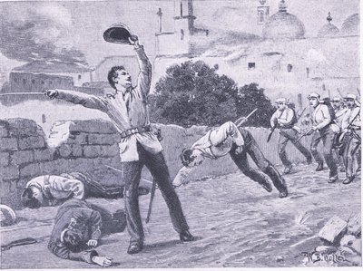 Carrying the Charbagu Bridge, Lucknow, 1857. szeptember 25., illusztráció a brit szárazföldi és tengeri csatákból, 1915 alkotó: William Barnes Wollen