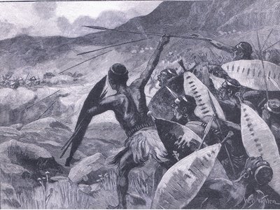 Harcok a Matopos-hegységben: a Matabele töltése, illusztráció a Cassells History of Englandből, 1900-as évek alkotó: William Barnes Wollen