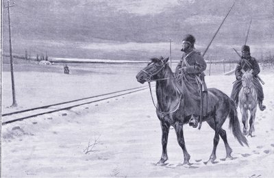 A vasút őrzése Mukden közelében, illusztráció: Cassells Az orosz-japán háború története, 1. kötet, 1900 körül alkotó: William Barnes Wollen
