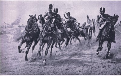Fegyverek a frontra: Waterloo, 1815. június 18., illusztráció a brit szárazföldi és tengeri csatákból, 1915 alkotó: William Barnes Wollen