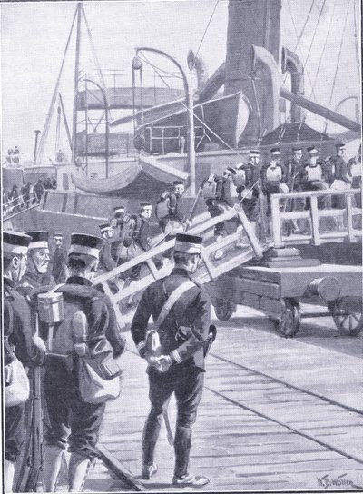 Japán csapatok beszállnak Kobe-ba, illusztráció: Cassells Az orosz-japán háború története, 1. kötet, 1900 körül alkotó: William Barnes Wollen