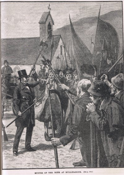 Az írek összeállítása Mullinahonében, illusztráció Cassell „Anglia illusztrált története” című művéből, 1910 körül megjelent alkotó: William Barnes Wollen