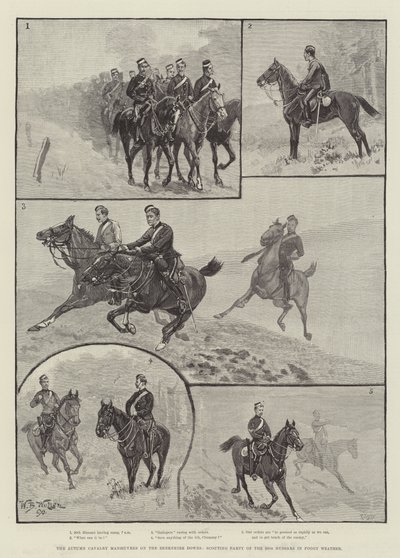 Az őszi lovassági manőverek a Berkshire Downs-on, a 20. huszárok cserkészcsapata ködös időben alkotó: William Barnes Wollen
