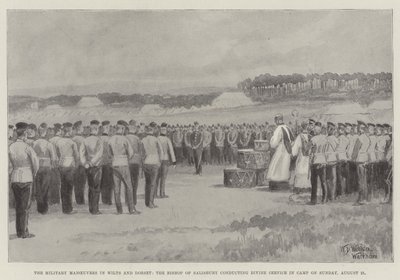 Katonai manőverek Wilts és Dorsetben, Salisbury püspöke augusztus 21-én, vasárnap istentiszteletet tart a táborban. alkotó: William Barnes Wollen
