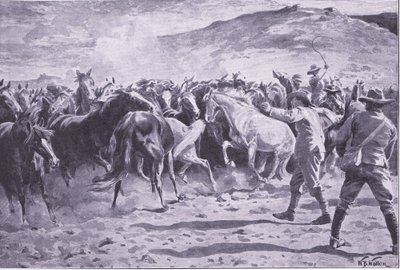 A lovak elfogása a Fouriesburg melletti Brandwater kerületben: a hajtás összesítése, illusztráció az After Pretoria: The Guerilla War, 1902-ből alkotó: William Barnes Wollen