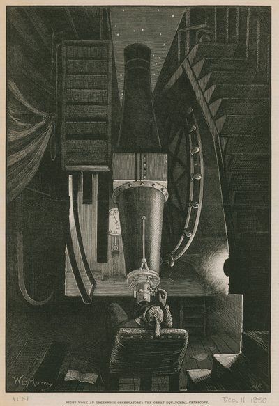 Éjszakai munka a Greenwichi Obszervatóriumban; A nagy Egyenlítői Teleszkóp (metszet) alkotó: William Bazett Murray