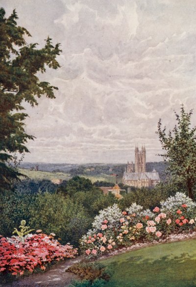 Canterbury katedrális, a Szent Márton templom tornya és Harbledown (színes litográfia) alkotó: William Biscombe Gardner