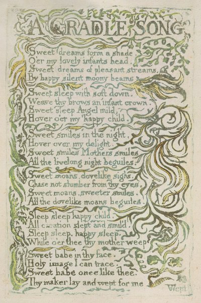 „A Bölcsődal”, 25. lemez a „Songs of Inocence”-ből, 1789 (kézzel színezett dombormű, akvarellel) alkotó: William Blake
