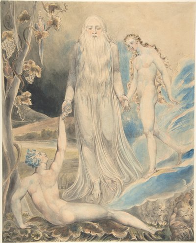 Az isteni jelenlét angyala Évát Ádámhoz vezeti (Éva teremtése: „És asszonynak neveztetik”) (recto); vázlat ugyanahhoz a témához (verso) alkotó: William Blake