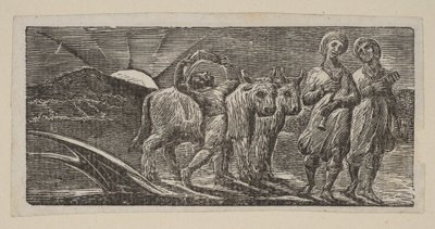 Fiú, aki örömmel tér vissza, ekével és ökrökkel, a Thorntons Pastorals of Vergiliusból, 1821. alkotó: William Blake