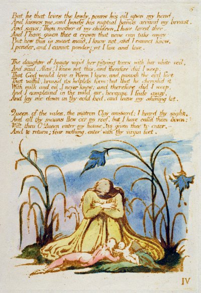 "De aki szereti az alázatost...", 7. tábla a Thel könyvéből, 1789 (kézzel színezett domborművésés tollal és WC-vel papíron) alkotó: William Blake