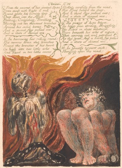 Urizen első könyve, 10. tábla, "7. Összekötött gerincének barlangjaiból...." (Bentley 11) alkotó: William Blake