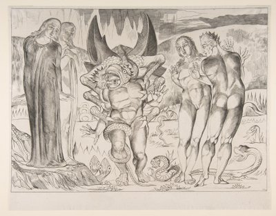 Tolvajok köre: Agnello Brunelleschit megtámadta egy hatlábú kígyó, Dan..., kb. 1825-27. alkotó: William Blake