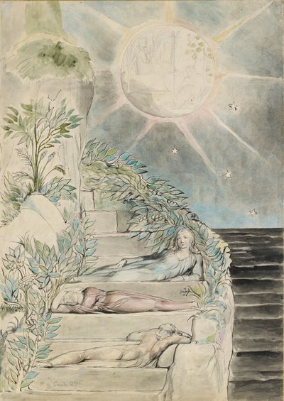 Dante és Statius alszik, Vergilius az „Isteni színjáték” illusztrációját nézi, Purgatorio XXVII, alkotó: William Blake