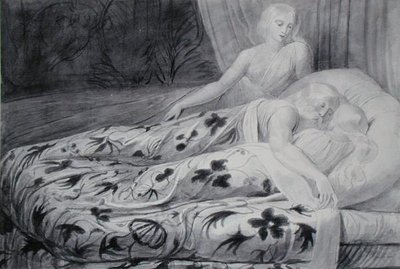 Har és Heva aludtak, Mnetha őrzi őket, illusztráció a „Tiriel”-ből, 1788 körül (toll és szürke mosás a fekete kréta nyomai felett a papíron) alkotó: William Blake