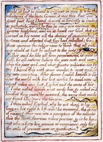 "Végre bebizonyosodik, hogy származom...", szöveg és illusztráció a Mennyország házasságából, 1790-1793 körül (domborműves tollal és akvarellel befejezve) alkotó: William Blake