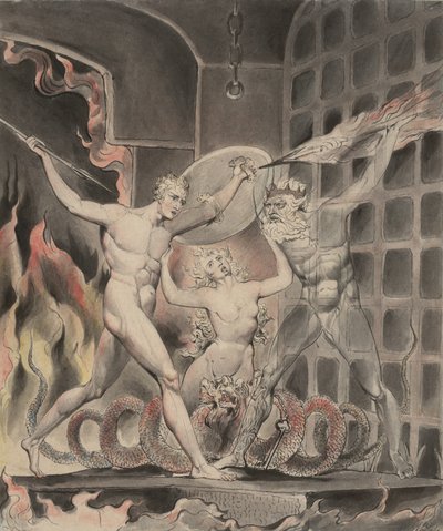 2. illusztráció Milton "Elveszett paradicsomához": Sátán, bűn és halál: Sátán eljön a pokol kapuihoz, 1807 alkotó: William Blake