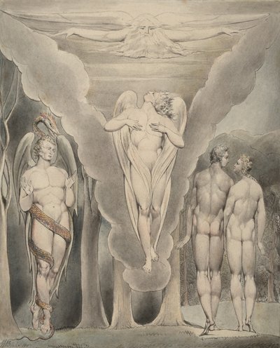 4. illusztráció Milton „Elveszett paradicsom” című művéhez: Sátán kémkedett Ádám és Éva után, valamint Raphael leszállása a Paradicsomba, 1807 alkotó: William Blake