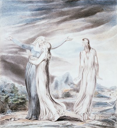 Naomi könyörög Ruthnak és Orpának, hogy térjenek vissza Moáb földjére alkotó: William Blake