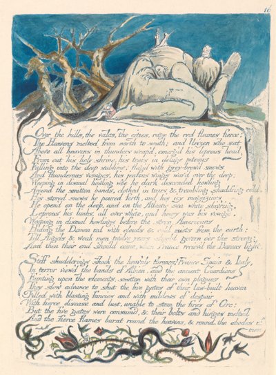 "Über die Hügel, die Täler, die Städte wüten die roten Flammen heftig..." (Platte 18) alkotó: William Blake
