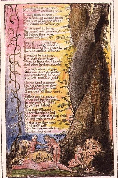 P.124-1950.pt37 A megtalált kislány (folytatás): 37. tábla az "Ártatlanság és tapasztalat dalai"-ból (R példány) 1802-08 körül (metszet, tus és akvarell). alkotó: William Blake