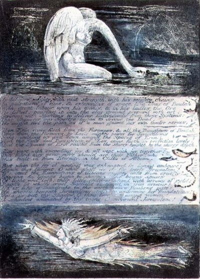 II. tábla, Jeruzsálem, 1804-20 körül. Albion lányait hattyú- és halszerű lények ábrázolják. alkotó: William Blake