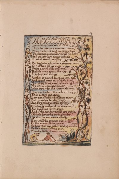 Az ártatlanság és a tapasztalat dalai, Plate 54, The School Boy (Bentley 53) alkotó: William Blake